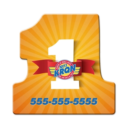 Yellow-orange cork coaster shaped like the number "1" with a red ribbon and "107.1 KRNQ" logo. Below, blue text displays "555-555-5555."