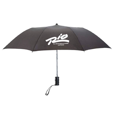A black umbrella featuring the "Rio All-Suite Hotel & Casino Las Vegas" logo in white. It has a sleek metal handle with a wrist strap, exuding a chic and luxurious feel.