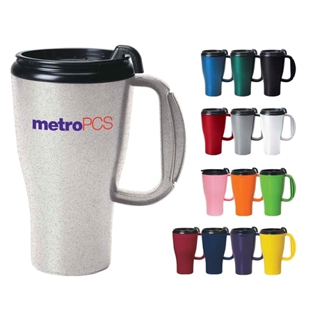 Travel mugs in various colors are arranged in a grid. A larger speckled gray mug with a black lid and "MetroPCS" logo is prominent. Tone is practical and colorful.