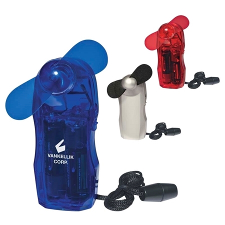 Three handheld battery-operated fans in bright blue, white, and red, with soft blades and attached lanyards, conveying a sense of functionality and portability.