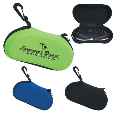 A collection of zippered sunglasses cases with clips. The green case has "Summer Breeze Tanning Salon" printed, another case is open showing sunglasses.