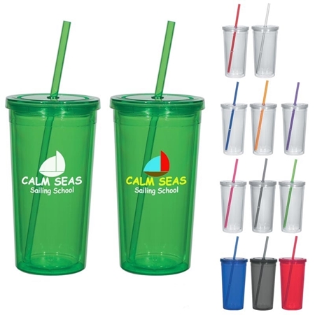 Two translucent green tumblers with "Calm Seas Sailing School" logos stand out. Beside them, ten colorful tumblers with matching straws are displayed.
