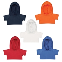 Five colorful miniature hoodies arranged in a circle on a white background. Colors include navy, orange, white, red, and blue. Playful and vibrant.