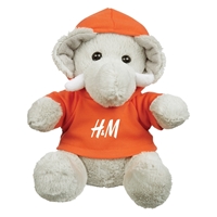 Gray plush elephant wearing an orange hoodie with "H&M" printed on it, sitting upright. The expression is cute and friendly.