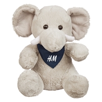Cute gray plush elephant with floppy ears, wearing a navy bandana with "H&M" in white. The elephant has a friendly and soft appearance.