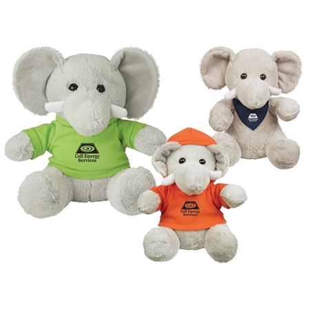 Three plush elephant toys are shown. One wears a green T-shirt, another in an orange hoodie, and the last has a navy bandana, all with "Cell Energy Services" logos.