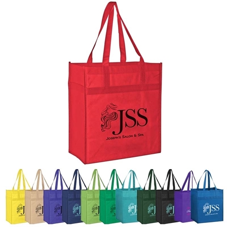 A collection of reusable tote bags is shown in multiple colors including red, yellow, beige, purple, blue, green, and black. Each bag features the "JSS" logo and a stylized hair illustration, conveying a salon and spa theme.