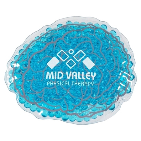 Blue gel pack in the shape of a brain with "Mid Valley Physical Therapy" text. Features intricate designs; conveys a sense of calm and healing.