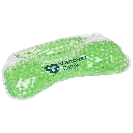 A transparent gel-filled wrist rest filled with small green gel beads. The text "Vanover Bank" is printed on it in blue. The mask appears soothing.