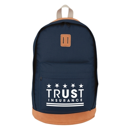 A navy blue backpack with brown accents. The front pocket displays "Trust Insurance" in white with stars above, conveying reliability and professionalism.