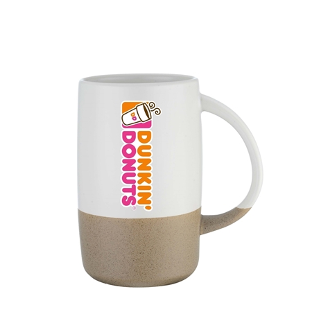Tall ceramic mug with a beige bottom and white top, featuring a Dunkin' Donuts logo. The design conveys a modern and cozy coffee shop vibe.